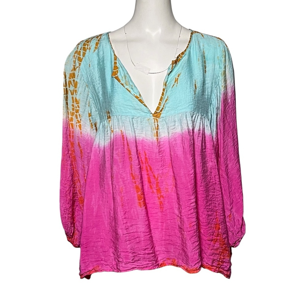 John Mark Tunic Top Blue Pink Tie Dye Size Large Lightweight Airy Rayon Nylon